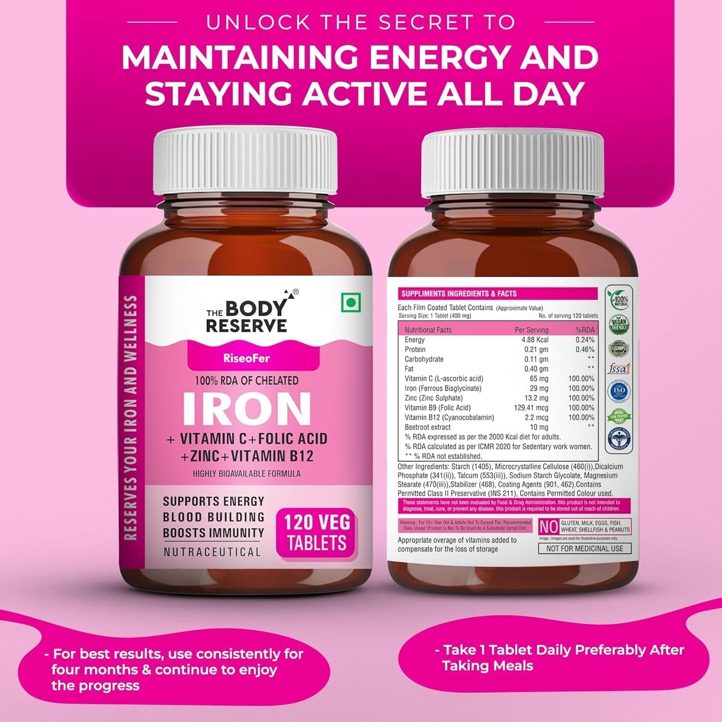 Chelated Iron and Vitamin C Tablets with B12, Zinc, Folic Acid, Beetroot Extract - 120 Veg Tablets for Blood Building and Immune Support