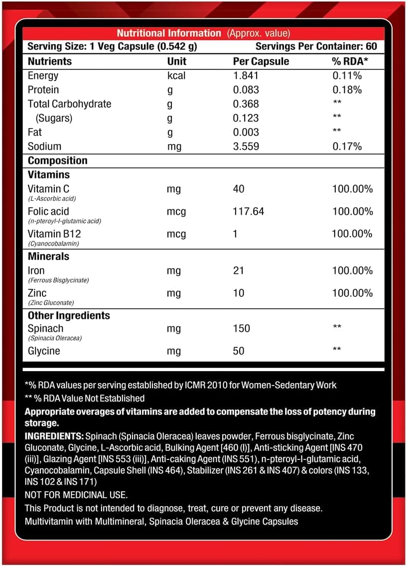 Chelated Iron Folic Acid Supplement with Vitamin C & B12, Natural Spinach Powder - 60 Veg Capsules