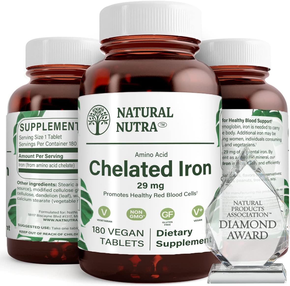 Chelated Iron Supplement for Men & Women, Promotes Nail Health, Optimal Absorption, Hair Growth, Skin Health - 180 Tablets
