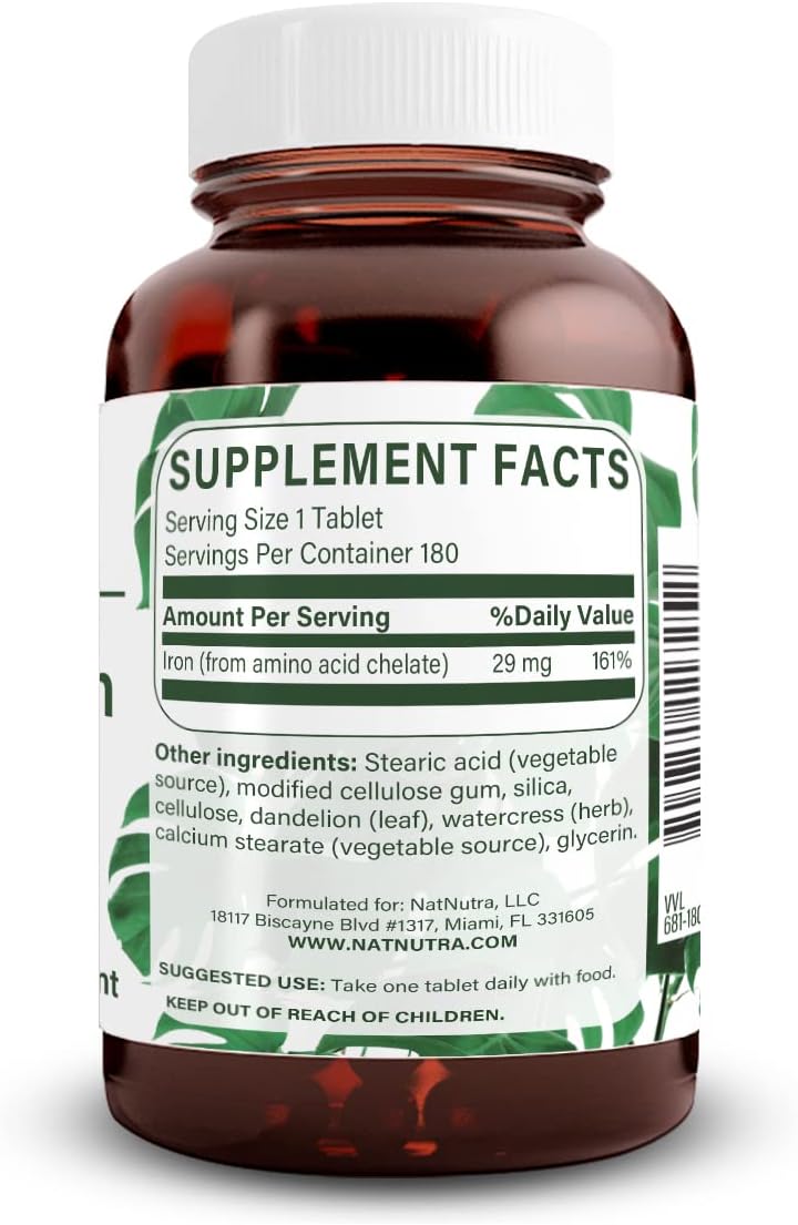 Chelated Iron Supplement for Men & Women, Promotes Nail Health, Optimal Absorption, Hair Growth, Skin Health - 180 Tablets