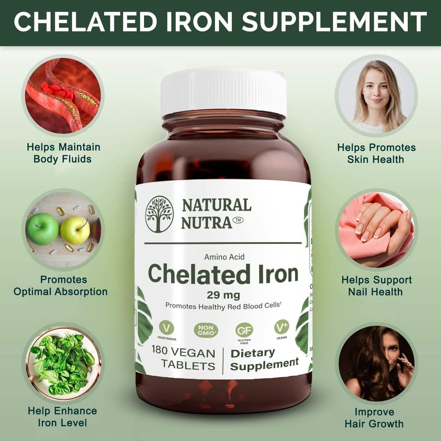 Chelated Iron Supplement for Men & Women, Promotes Nail Health, Optimal Absorption, Hair Growth, Skin Health - 180 Tablets