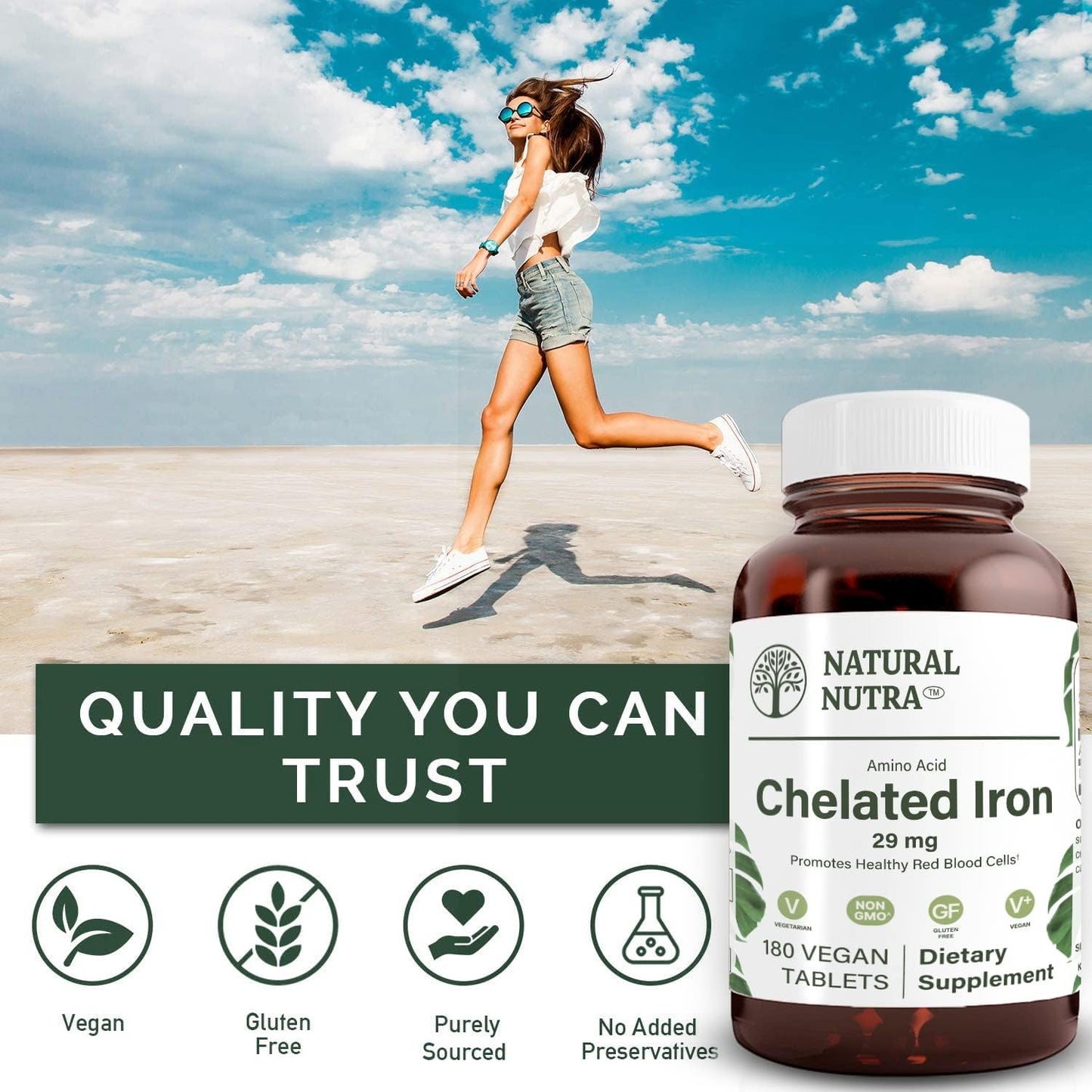 Chelated Iron Supplement for Men & Women, Promotes Nail Health, Optimal Absorption, Hair Growth, Skin Health - 180 Tablets