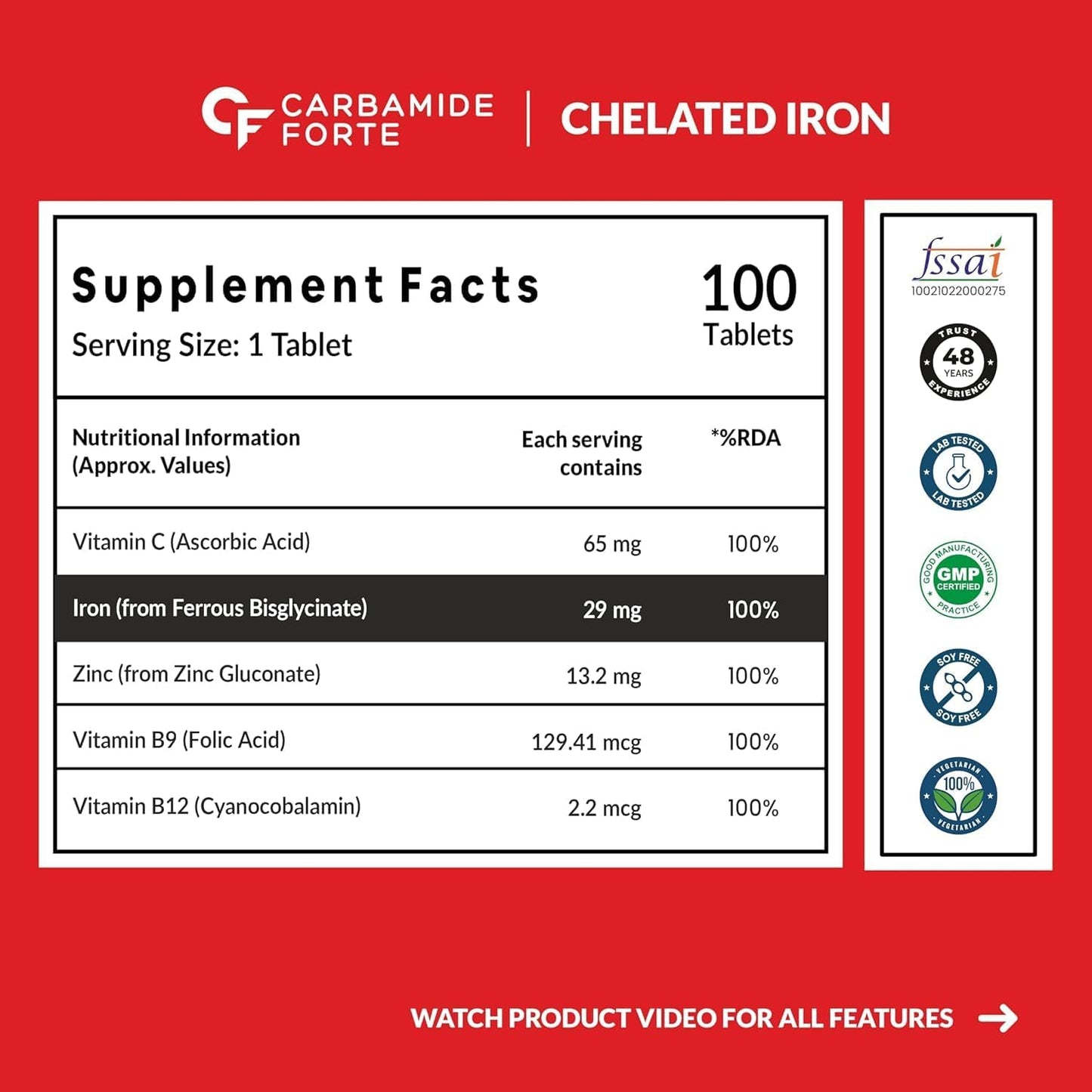 Chelated Iron Supplement with Vitamin C, B12, Zinc | 100 Vegetarian Tablets for Men and Women