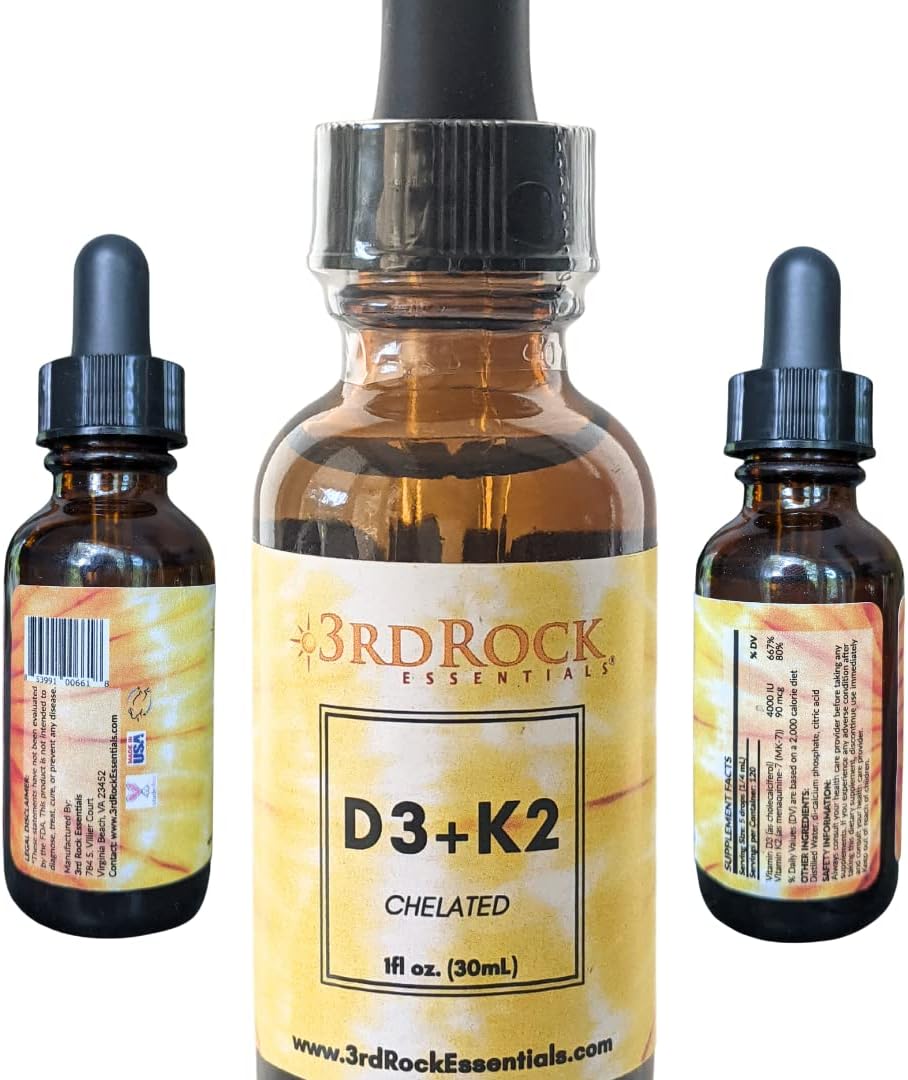 Chelated Liquid Vitamin D3 K2 Drops for Calcium Absorption & Strong Bones - Vegan & Gluten Free - 1 Fl Oz