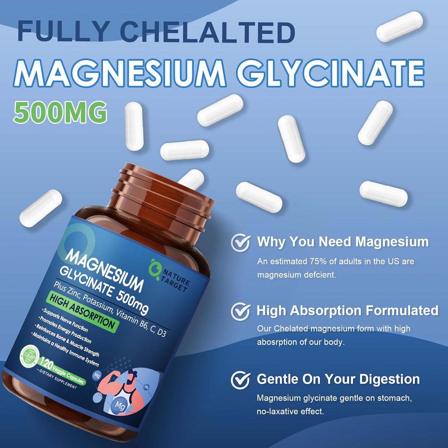 Chelated Magnesium 500mg with Zinc & Vitamin D3 - Supports Muscle, Nerve, Bone Health - Heart & Immune System - 120 Capsules