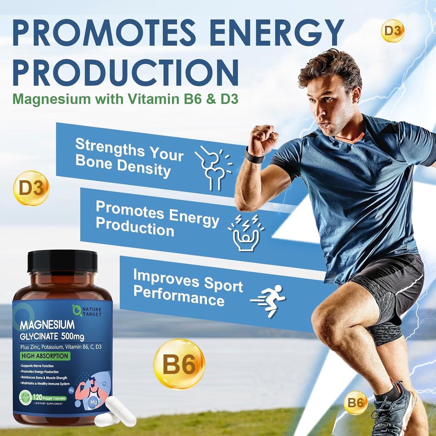 Chelated Magnesium 500mg with Zinc & Vitamin D3 - Supports Muscle, Nerve, Bone Health - Heart & Immune System - 120 Capsules