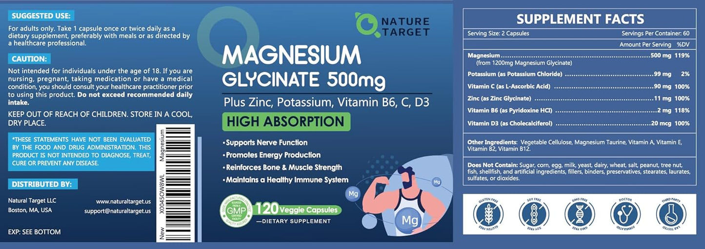 Chelated Magnesium 500mg with Zinc & Vitamin D3 - Supports Muscle, Nerve, Bone Health - Heart & Immune System - 120 Capsules