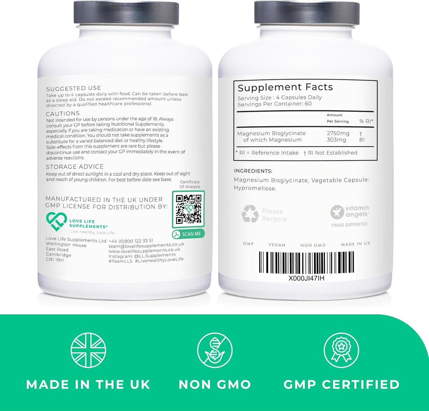 Chelated Magnesium Bisglycinate Supplements | 2750mg (303mg Magnesium) | 240 Capsules - UK Made | Highly Bioavailable