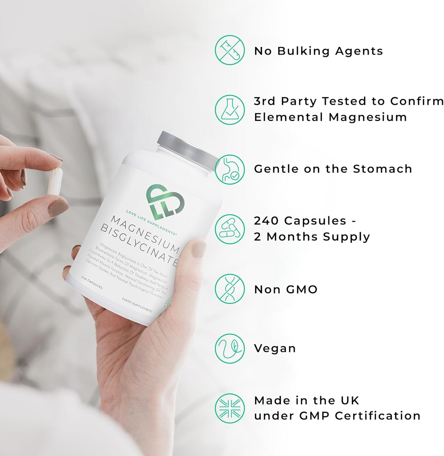 Chelated Magnesium Bisglycinate Supplements | 2750mg (303mg Magnesium) | 240 Capsules - UK Made | Highly Bioavailable