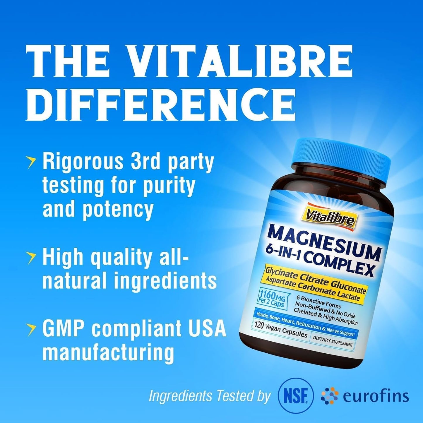 Chelated Magnesium Complex Supplement 6 in 1 - 1160mg for Better Sleep, Muscle Relaxation, and Nerve Calm - Vegan Capsules - Non GMO & Gluten Free