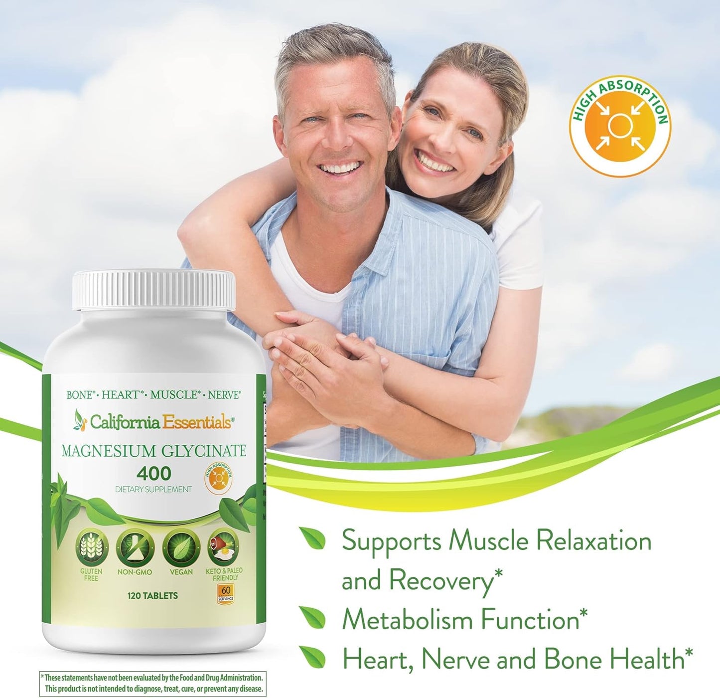 Chelated Magnesium Glycinate 400 - High Absorption Muscle Relief, Bone & Heart Support - Vegan, Non-GMO, Gluten-Free - 120 Tablets