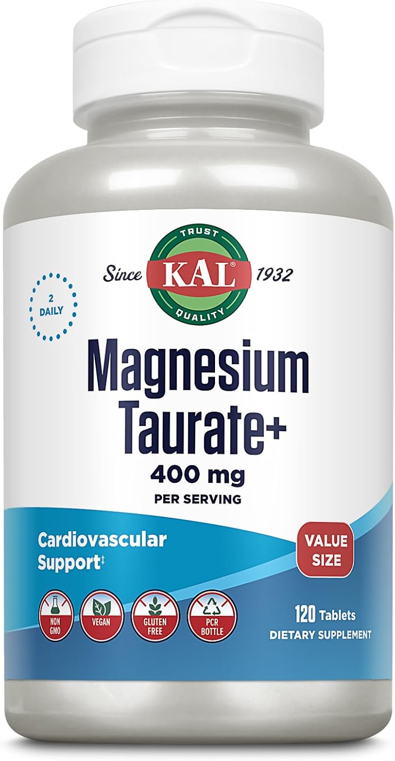 Chelated Magnesium Taurate with Vitamin B6 for Muscle and Heart Health, High Absorption Complex, Vegan, Gluten-Free - 120 Tablets