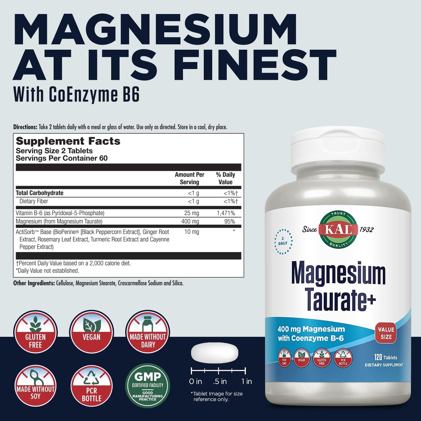 Chelated Magnesium Taurate with Vitamin B6 for Muscle and Heart Health, High Absorption Complex, Vegan, Gluten-Free - 120 Tablets