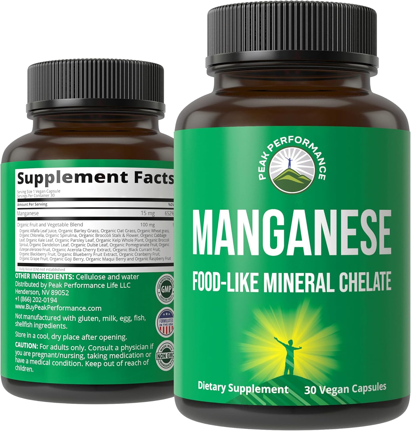 Chelated Manganese Supplement with Whole Food Blend for Peak Performance - 25+ Fruits & Vegetables - Trace Mineral Capsules for Bone Health & Enzyme Support