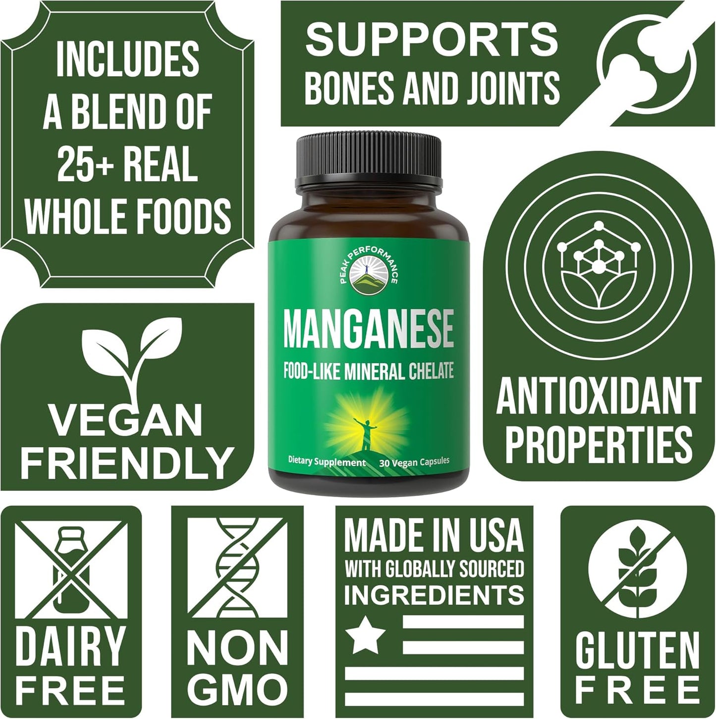Chelated Manganese Supplement with Whole Food Blend for Peak Performance - 25+ Fruits & Vegetables - Trace Mineral Capsules for Bone Health & Enzyme Support