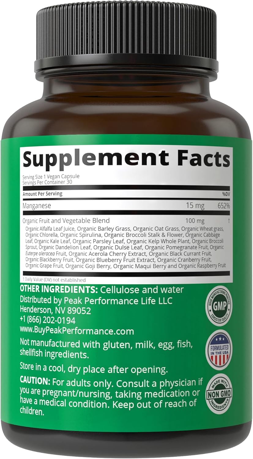 Chelated Manganese Supplement with Whole Food Blend for Peak Performance - 25+ Fruits & Vegetables - Trace Mineral Capsules for Bone Health & Enzyme Support