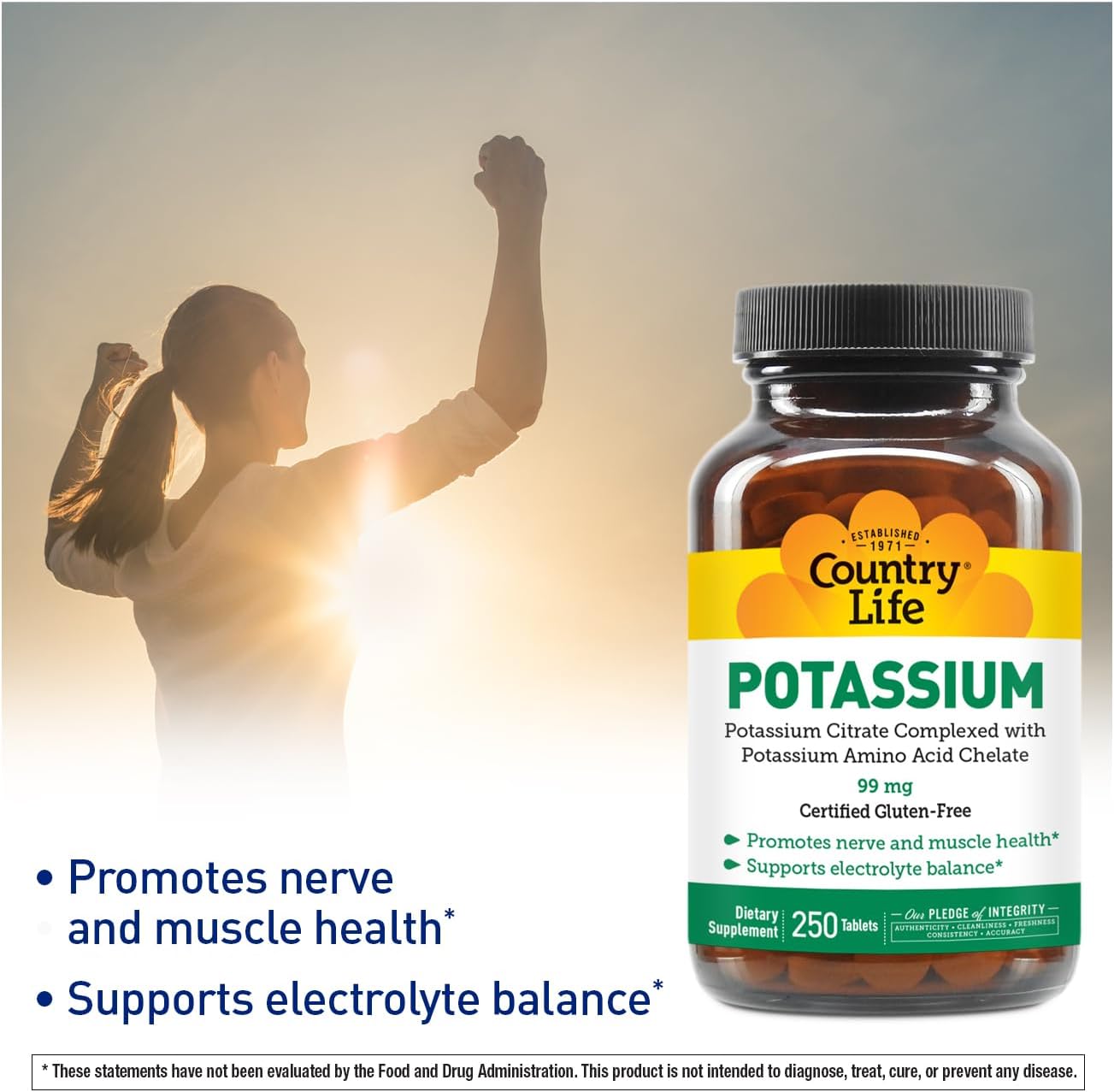 Chelated Potassium 99mg Tablets for Neuromuscular Support & Electrolyte Balance - Gluten Free, Vegan, Kosher - 250 Tablets
