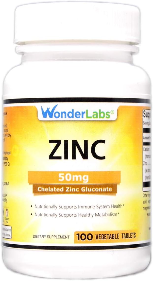 Chelated Zinc Gluconate 50 mg - Vegetarian Tablets for Healthy Skin, Immune System, and Cell Growth - 100 Count