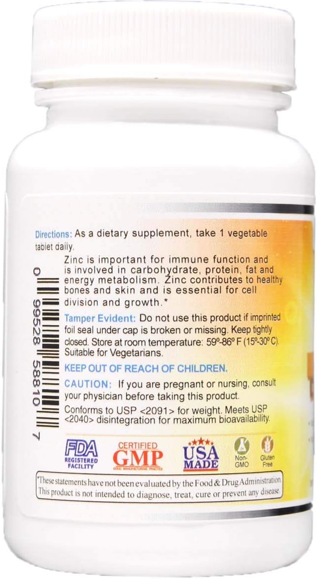 Chelated Zinc Gluconate 50 mg - Vegetarian Tablets for Healthy Skin, Immune System, and Cell Growth - 100 Count