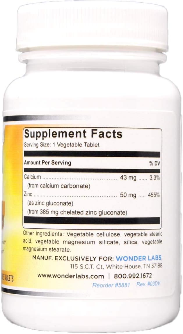 Chelated Zinc Gluconate 50 mg - Vegetarian Tablets for Healthy Skin, Immune System, and Cell Growth - 100 Count