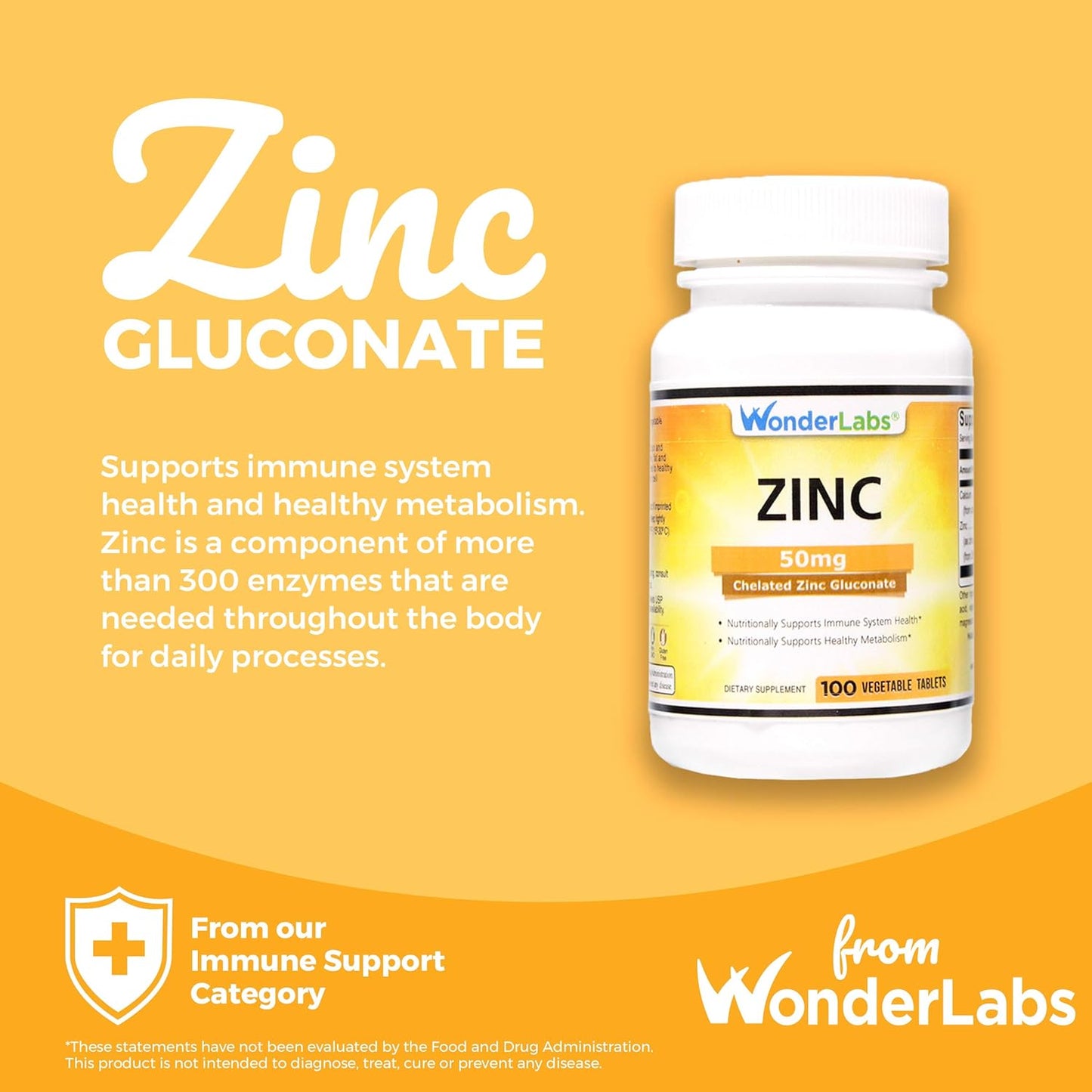 Chelated Zinc Gluconate 50 mg - Vegetarian Tablets for Healthy Skin, Immune System, and Cell Growth - 100 Count