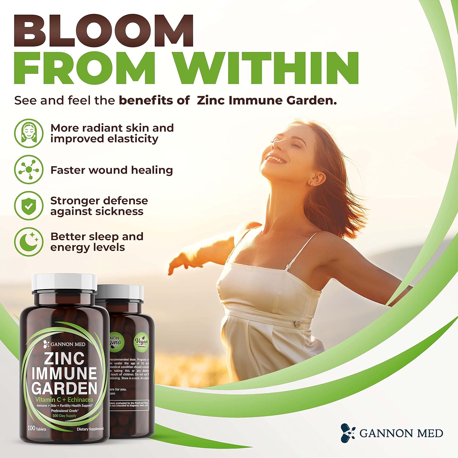 Chelated Zinc & Vitamin C Immune Support Tablets for Kids and Adults - Zinc Supplements with Echinacea for Immunity, Skin, and Reproductive Health - GANNON MED Zinc Chelate Booster