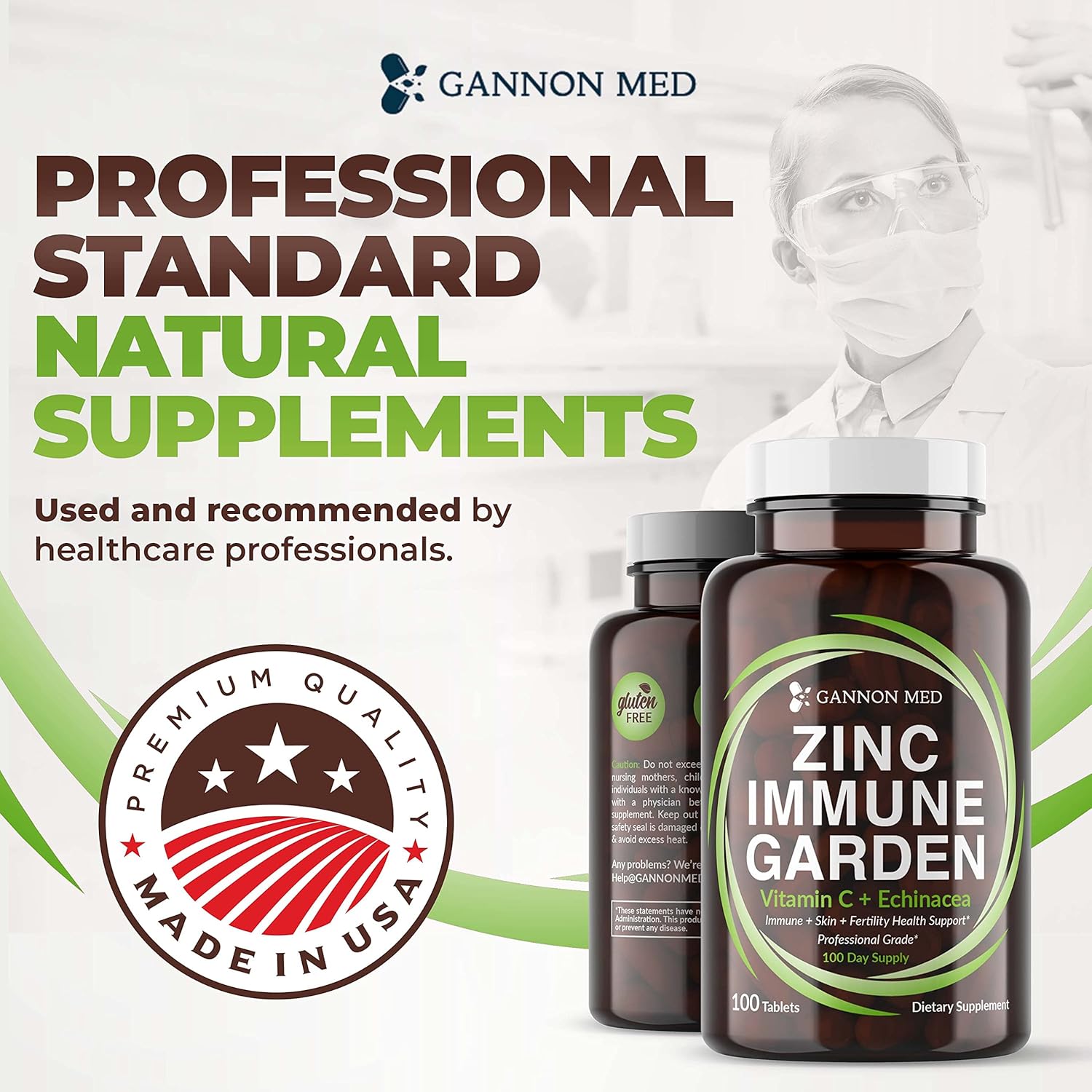 Chelated Zinc & Vitamin C Immune Support Tablets for Kids and Adults - Zinc Supplements with Echinacea for Immunity, Skin, and Reproductive Health - GANNON MED Zinc Chelate Booster