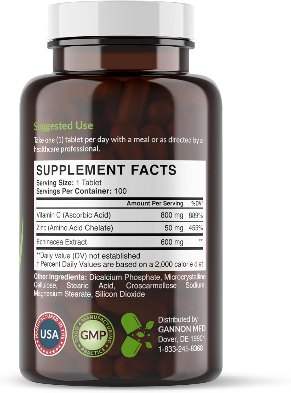 Chelated Zinc & Vitamin C Immune Support Tablets for Kids and Adults - Zinc Supplements with Echinacea for Immunity, Skin, and Reproductive Health - GANNON MED Zinc Chelate Booster