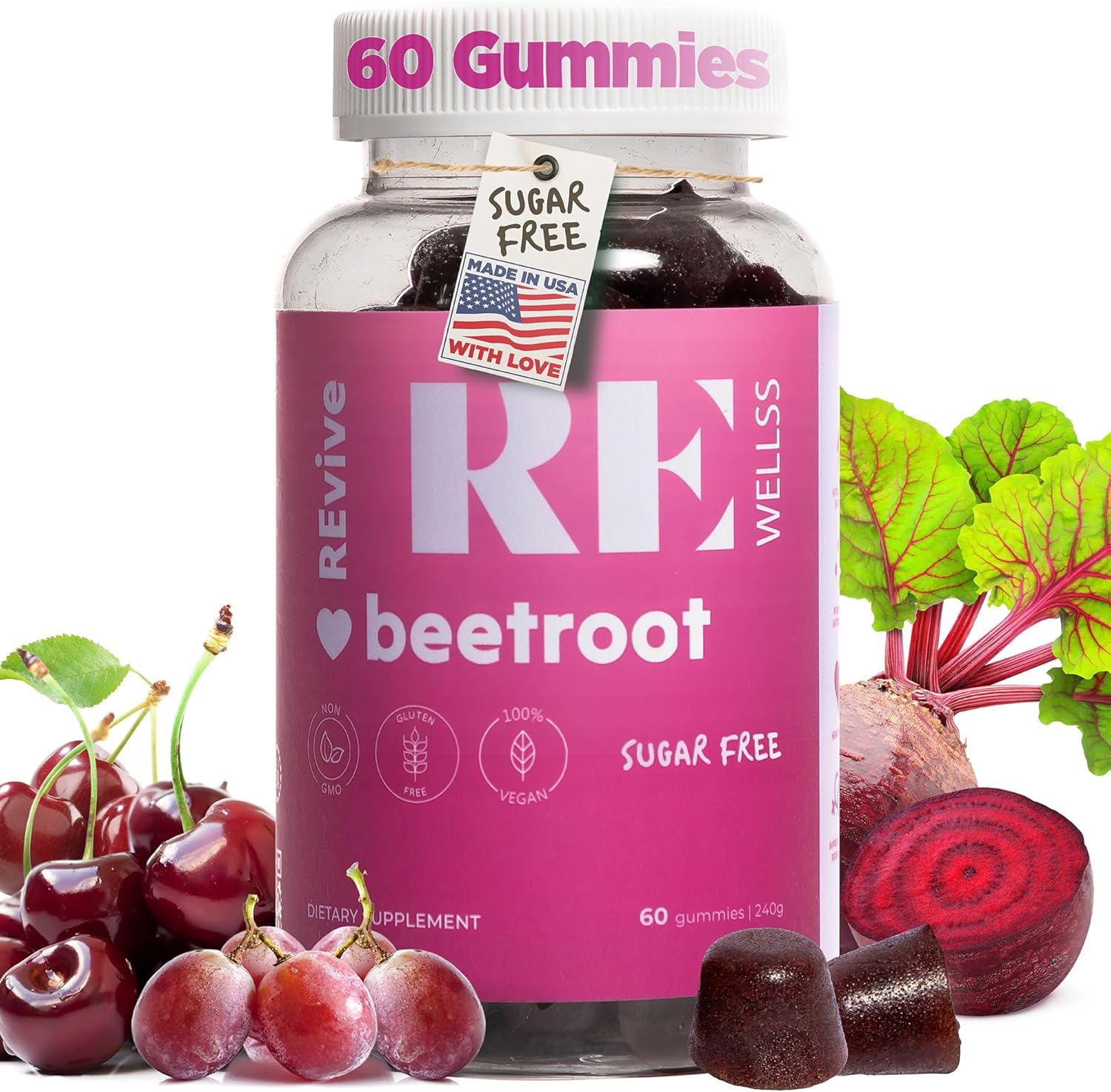 Cherry Flavored Beet Root Gummies with Grape Seed Extract for Energy & Blood Pressure Support - 60 Sugar Free Gummies for Men & Women