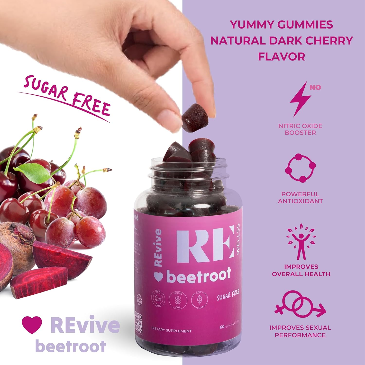Cherry Flavored Beet Root Gummies with Grape Seed Extract for Energy & Blood Pressure Support - 60 Sugar Free Gummies for Men & Women