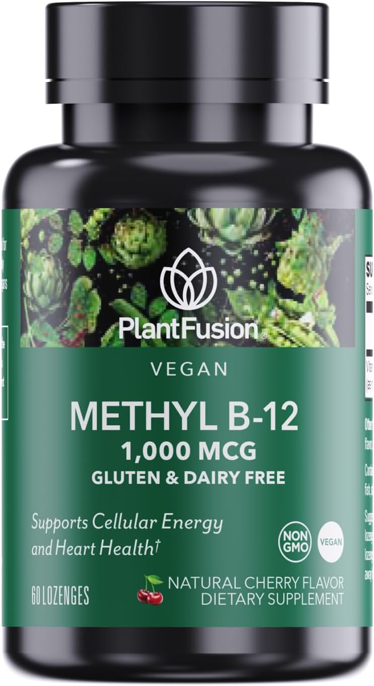 Cherry Flavored PlantFusion Methyl B12 Sublingual Vitamin Lozenges - 1000 mcg - Non-GMO - Supports Energy, Heart & Nervous System - 60 Count
