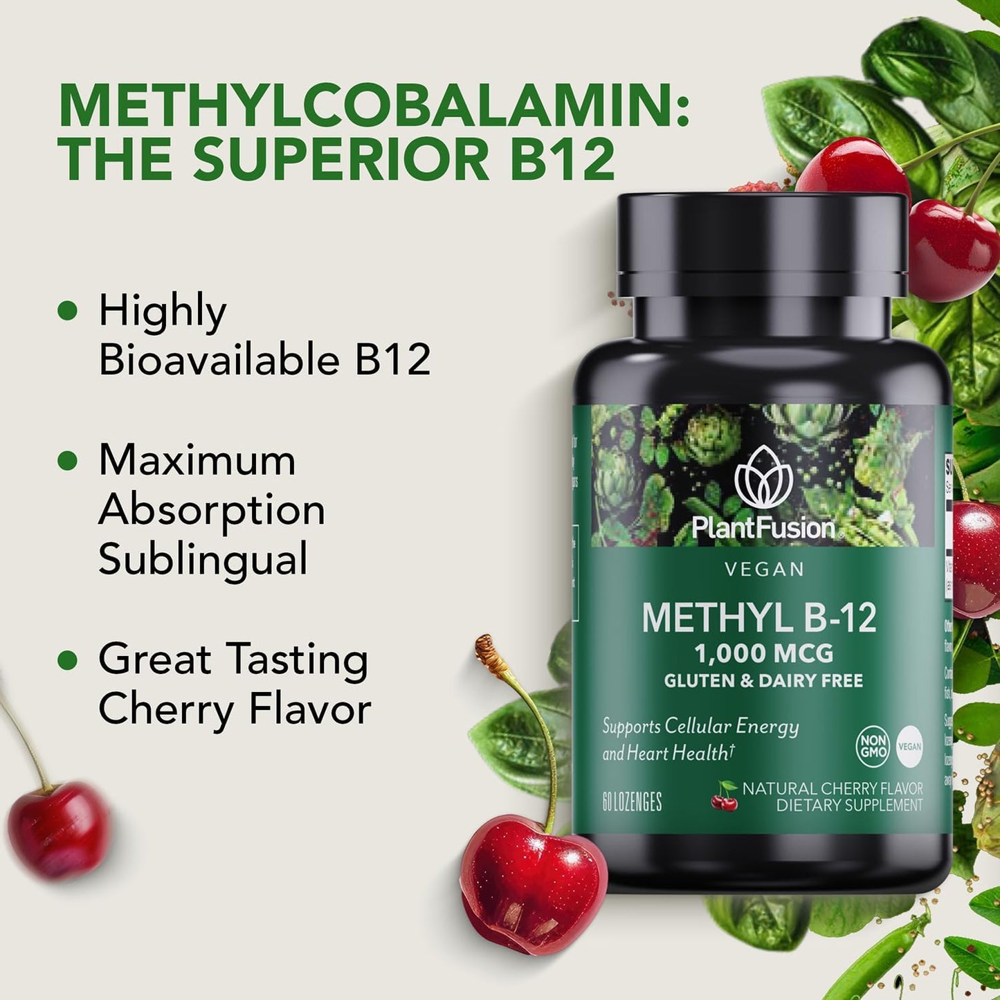 Cherry Flavored PlantFusion Methyl B12 Sublingual Vitamin Lozenges - 1000 mcg - Non-GMO - Supports Energy, Heart & Nervous System - 60 Count