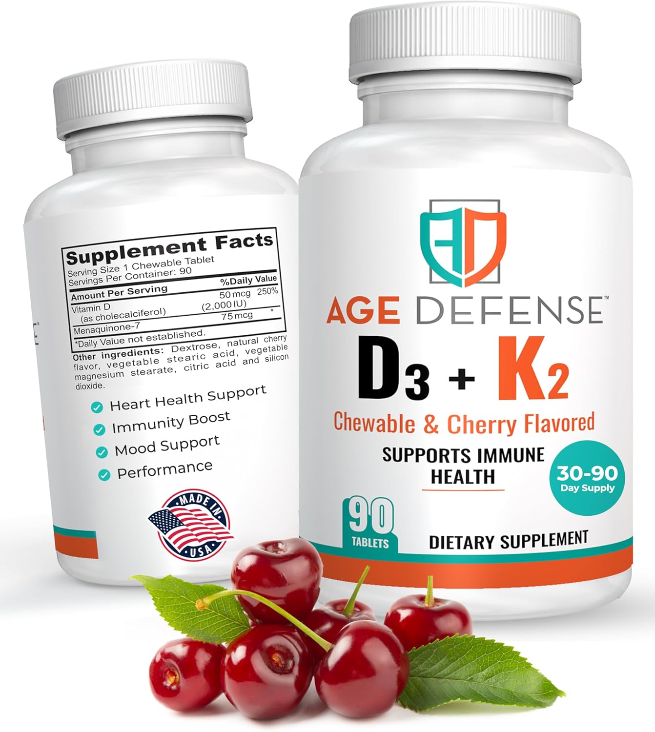 Cherry Flavored Vitamin D3 2000 IU with K2-90 Chewables for Energy & Wellness - Immune Support for Men & Women