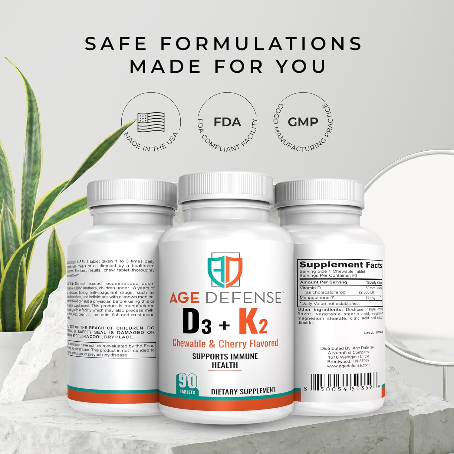 Cherry Flavored Vitamin D3 2000 IU with K2-90 Chewables for Energy & Wellness - Immune Support for Men & Women