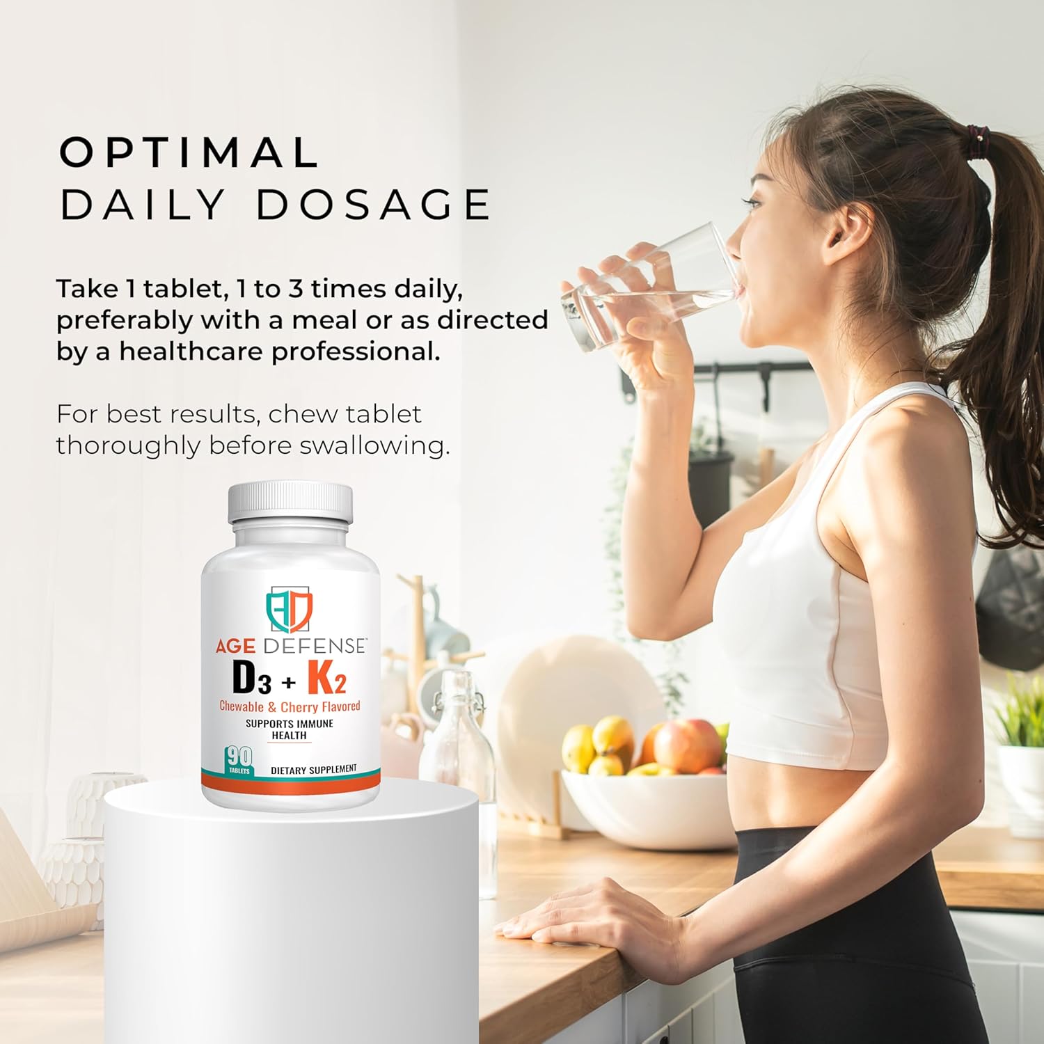 Cherry Flavored Vitamin D3 2000 IU with K2-90 Chewables for Energy & Wellness - Immune Support for Men & Women