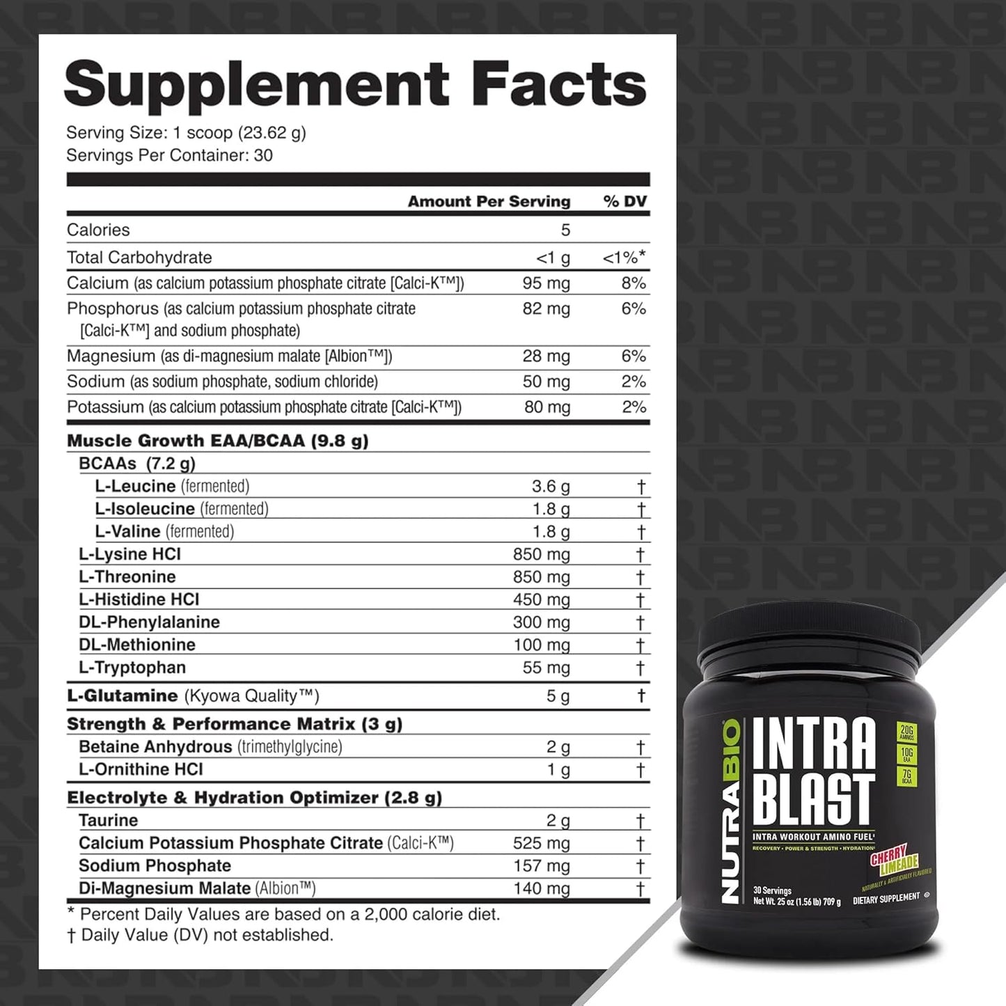 Cherry Limeade NutraBio Intra Blast BCAA EAA Electrolyte Powder - Amino Acid Supplement - Non-GMO, Gluten Free - 30 Servings