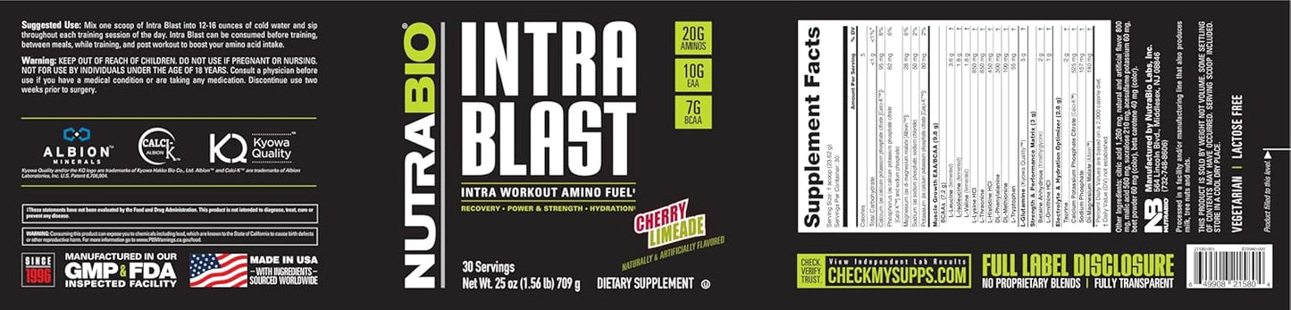 Cherry Limeade NutraBio Intra Blast BCAA EAA Electrolyte Powder - Amino Acid Supplement - Non-GMO, Gluten Free - 30 Servings