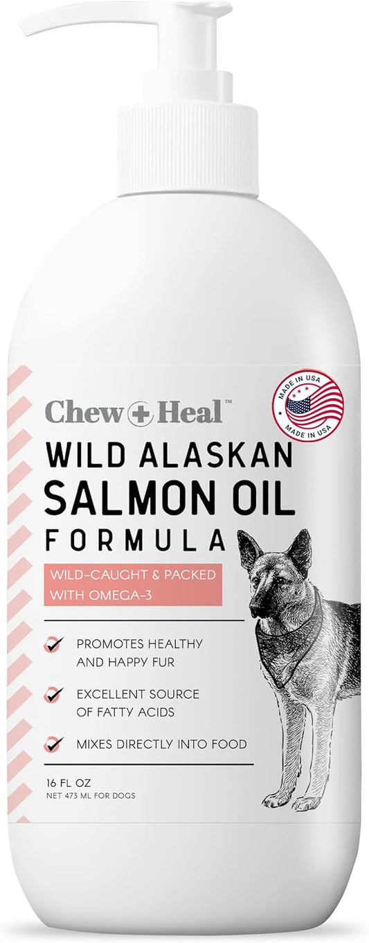 Chew + Heal Labs Wild Alaskan Salmon Fish Oil for Dogs - 16 oz. Pump Cap Bottle with Omega-3, 6, Vitamin D, EPA, DHA for Healthy Skin & Coat