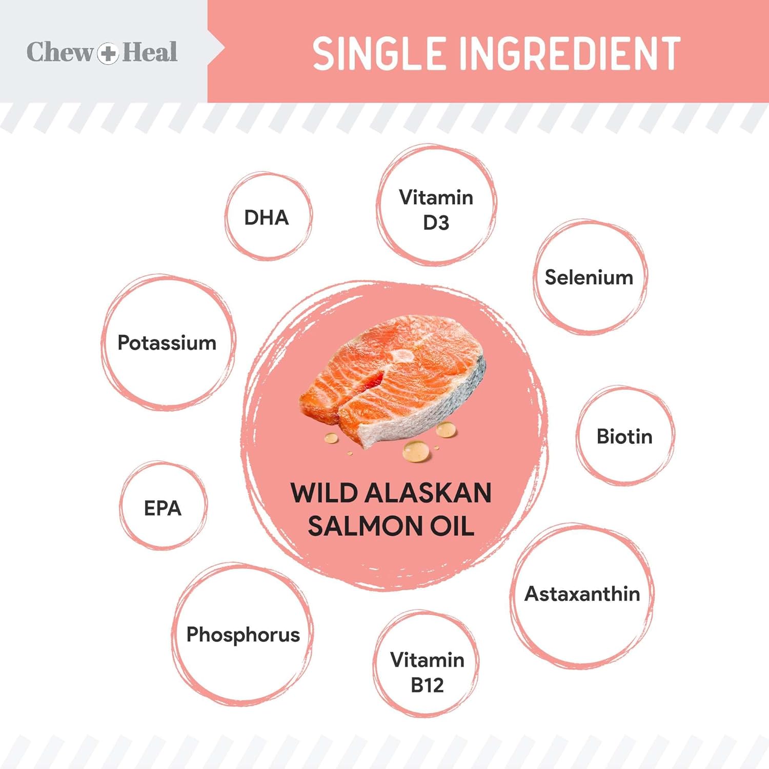 Chew + Heal Labs Wild Alaskan Salmon Fish Oil for Dogs - 16 oz. Pump Cap Bottle with Omega-3, 6, Vitamin D, EPA, DHA for Healthy Skin & Coat