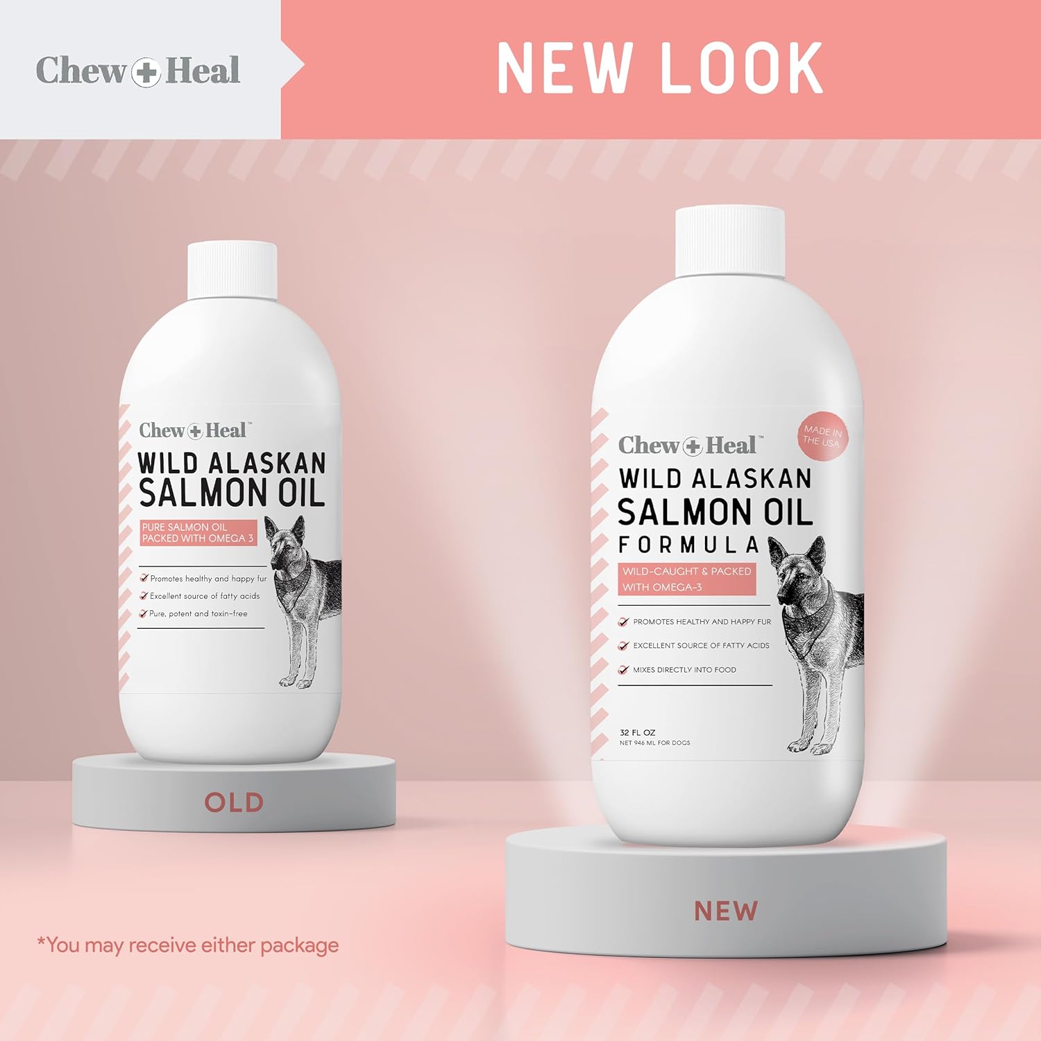 Chew + Heal Labs Wild Alaskan Salmon Fish Oil for Dogs - 16 oz. Pump Cap Bottle with Omega-3, 6, Vitamin D, EPA, DHA for Healthy Skin & Coat