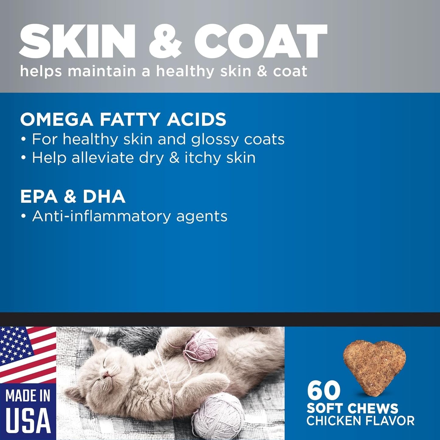 Chewable Chicken Flavored Skin & Coat Supplements for Cats - 60 Soft Chews in an 8-oz Canister by GNC Pets