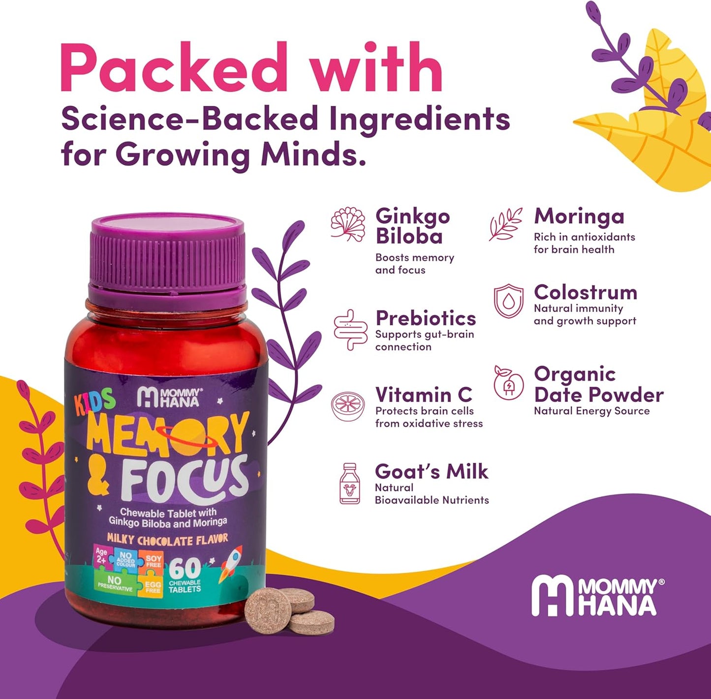 Chewable Chocolate Kids Multivitamin with Probiotic, Vitamin C, Ginkgo Nut, Colostrum, Moringa - Immune Support & Cognitive Health for Kids