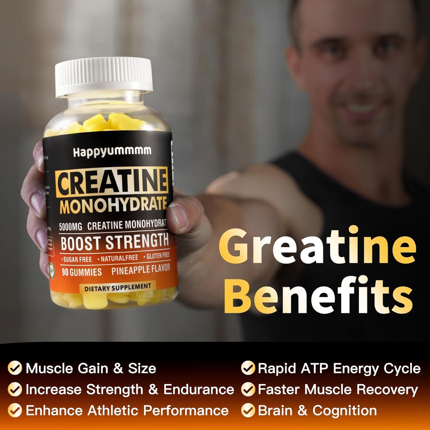 Chewable Creatine Monohydrate Gummies 5000mg - Muscle Strength & Energy Boost - Pre-Workout Supplement for Men & Women (2 pack, 90 count, Pineapple flavor)