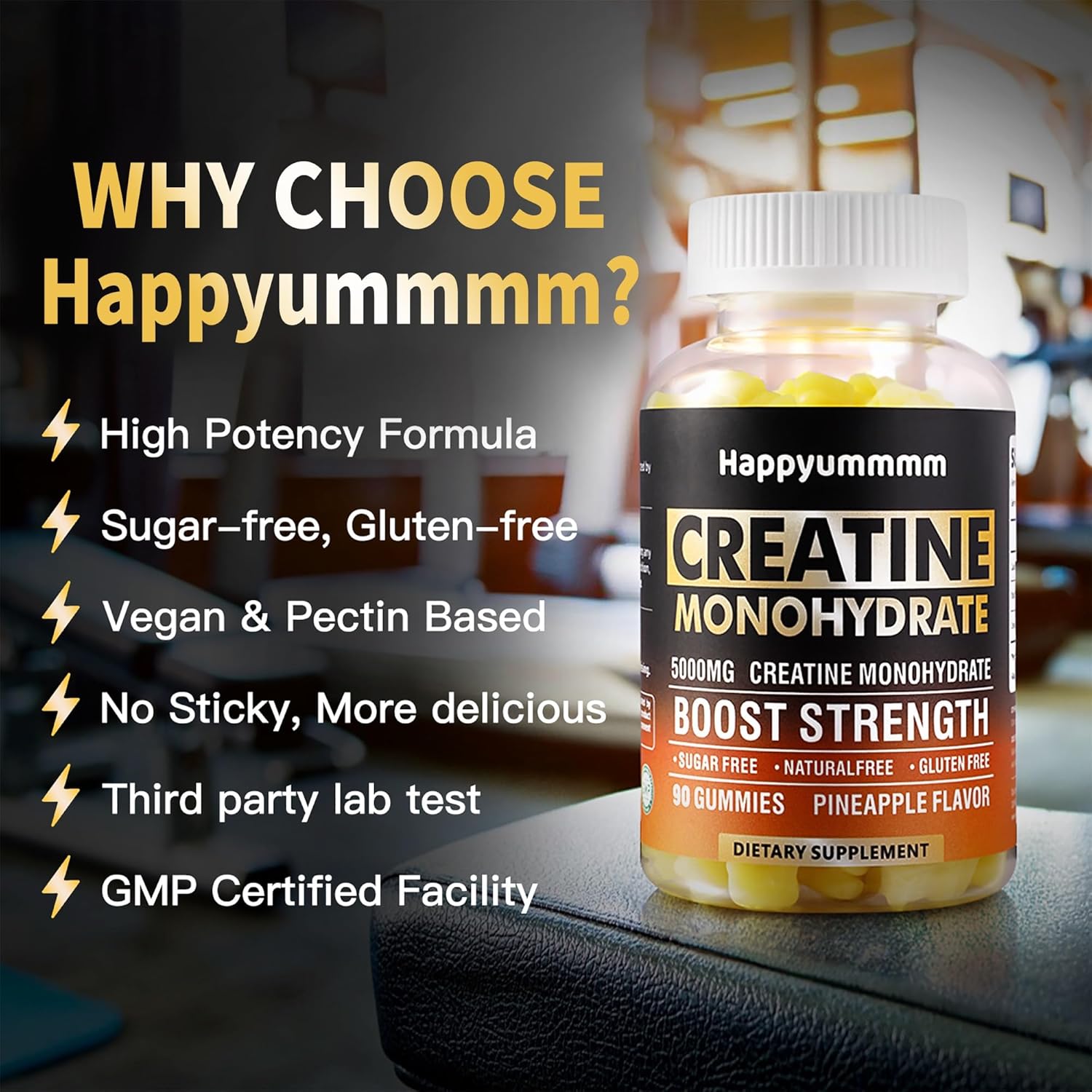 Chewable Creatine Monohydrate Gummies 5000mg - Muscle Strength & Energy Boost - Pre-Workout Supplement for Men & Women (2 pack, 90 count, Pineapple flavor)