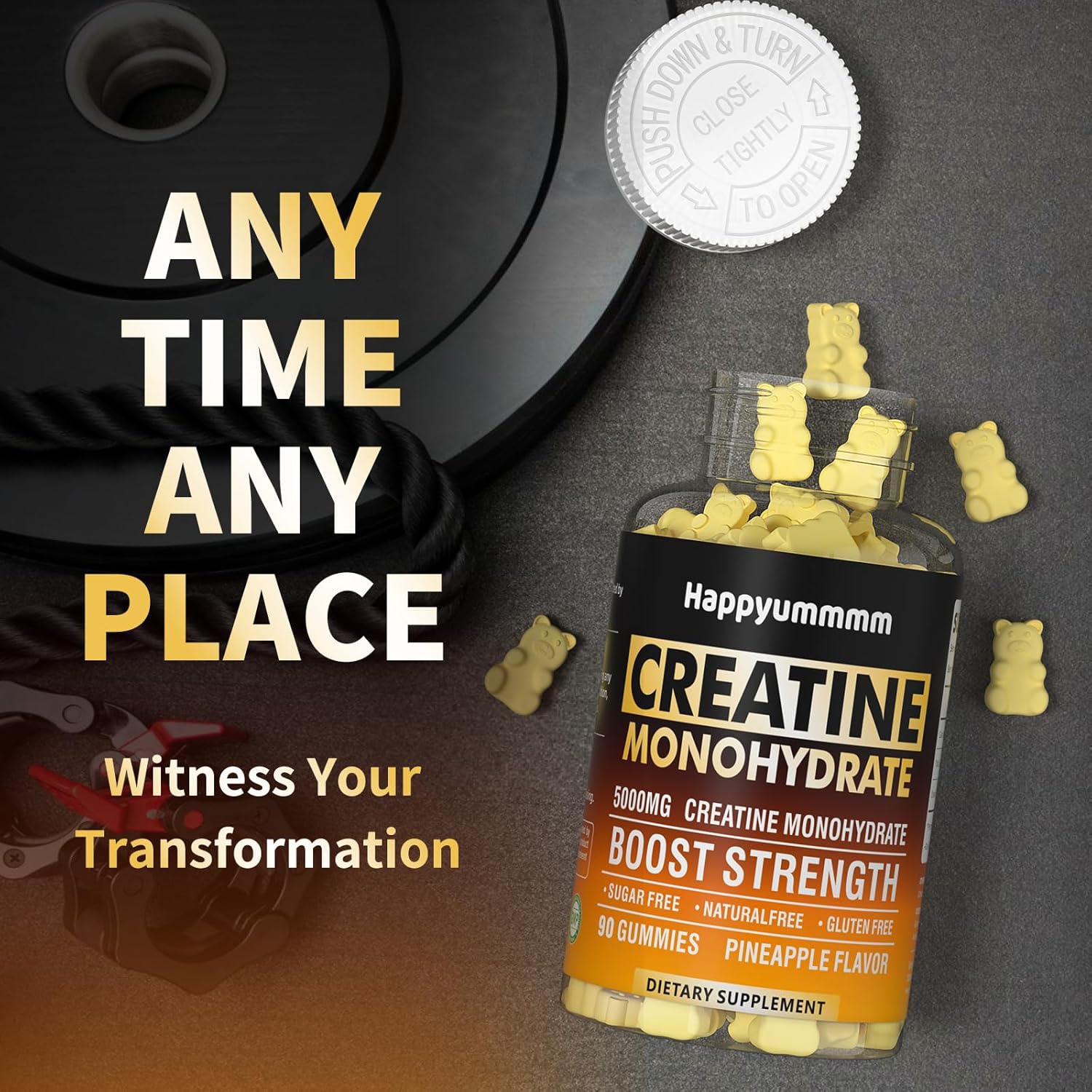 Chewable Creatine Monohydrate Gummies 5000mg - Muscle Strength & Energy Boost - Pre-Workout Supplement for Men & Women (2 pack, 90 count, Pineapple flavor)