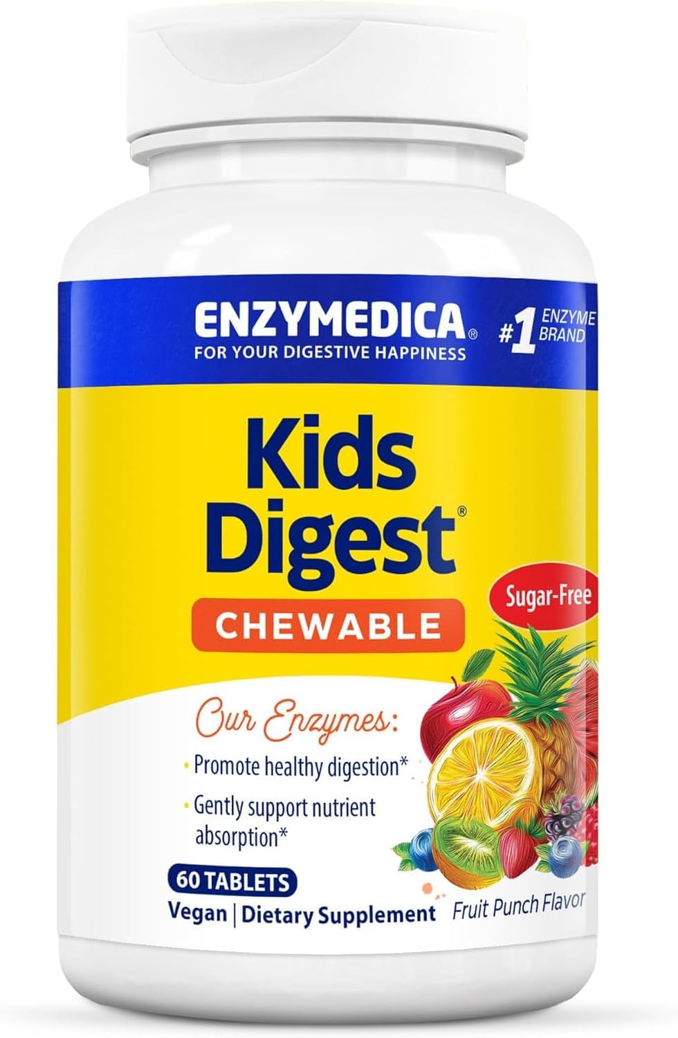 Chewable Digestive Enzymes for Kids - Natural Fruit Punch Flavor - 60 Servings