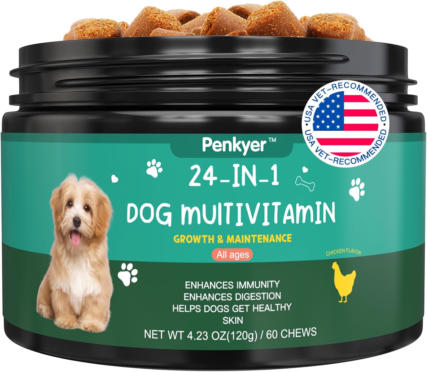 Chewable Dog Multivitamin with Glucosamine Chondroitin for Skin, Coat, Heart & Joint Health - Puppy Treats for Immunity & Energy
