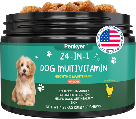 Chewable Dog Multivitamin with Glucosamine Chondroitin for Skin, Coat, Heart & Joint Health - Puppy Treats for Immunity & Energy