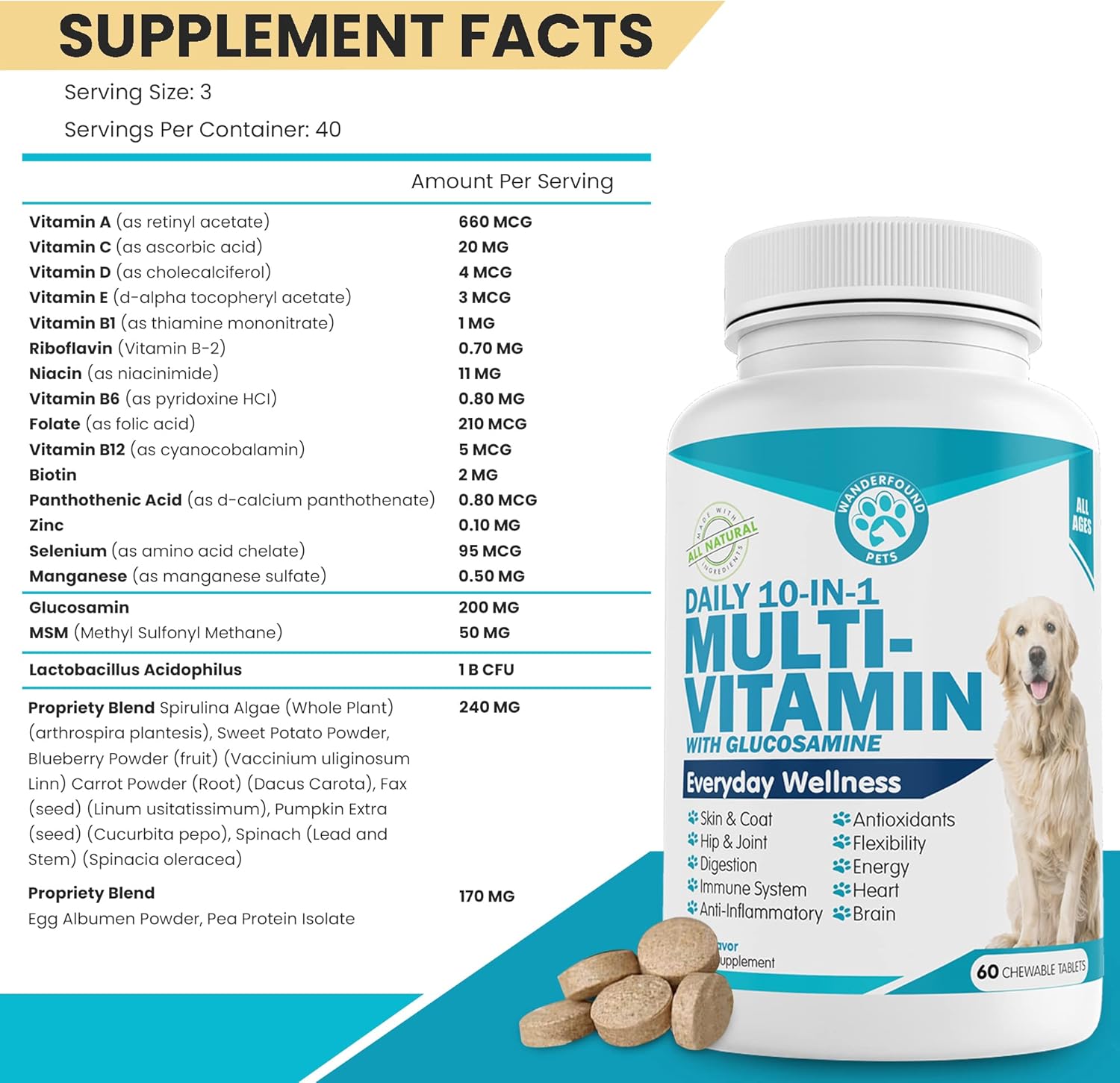 Chewable Dog Multivitamin with Glucosamine, D3, MSM - 60 Liver Flavor Tablets - Immune & Joint Health