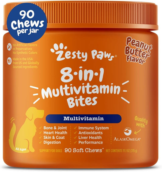 Chewable Dog Multivitamin with Omega 3 Fish Oil for Joints, Skin, and Coat - Peanut Butter Flavor - 90 Count